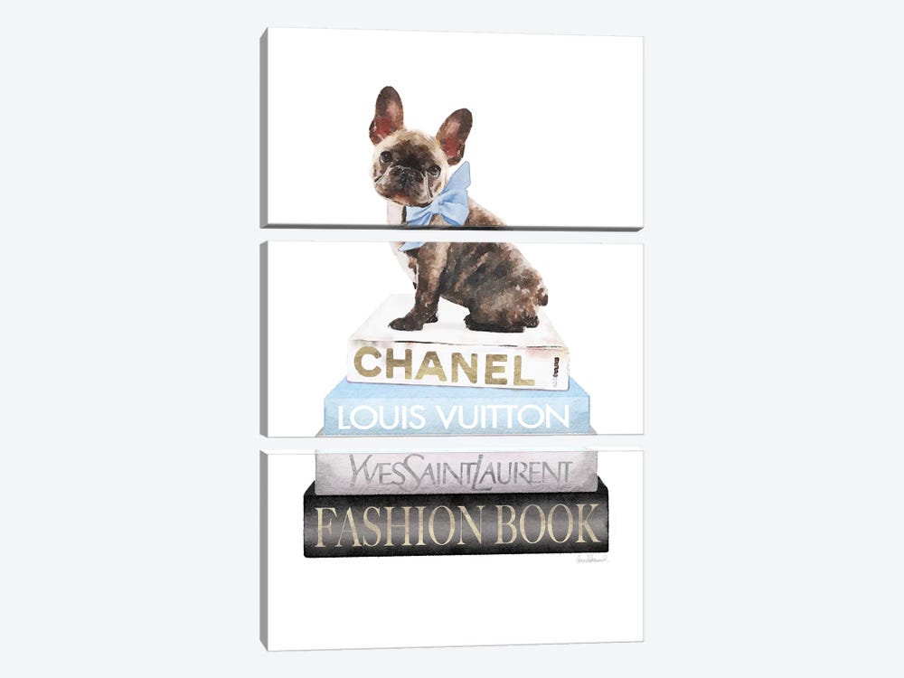 Grey And Blue Books With Brindle Frenchie by Amanda Greenwood 3-piece Canvas Art Print