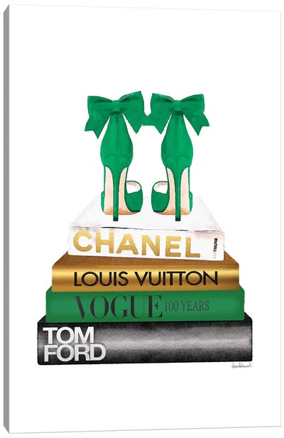 Grey And Emerald Green Books With Bow Shoes Canvas Art Print - Fashion Forward