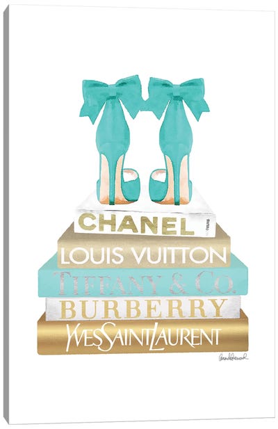 Gold And Teal Bookstack With Bow Shoes Canvas Art Print - Glam Bedroom Art