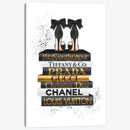 Gold And Black Bookstack With Black Heel and Ink Canvas Print #GRE375} by Amanda Greenwood Canvas Artwork