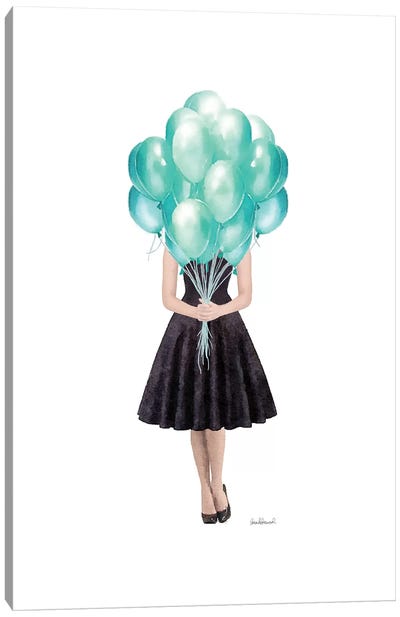 Audrey Holding Balloons, Teal Canvas Art Print - Balloons