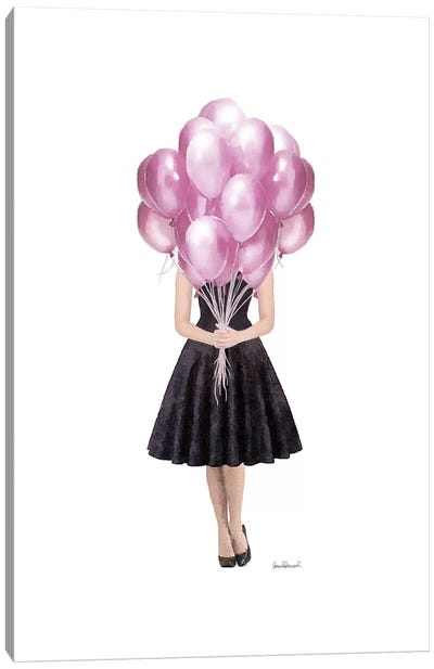 Audrey Holding Balloons, Pink Canvas Art Print - Balloons