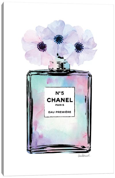 Mint, Purple And Pink Perfume With Painted Flowers Canvas Art Print - Perfume Bottle Art