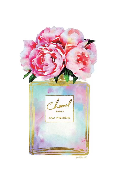 Gold, Mint, Purple, And Pink Perfume With Peonies