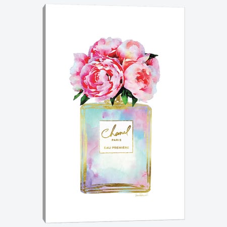 Gold, Mint, Purple, And Pink Perfume With Peonies Canvas Print #GRE404} by Amanda Greenwood Canvas Artwork