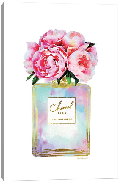 Gold, Mint, Purple, And Pink Perfume With Peonies Canvas Art Print - Perfume Bottle Art
