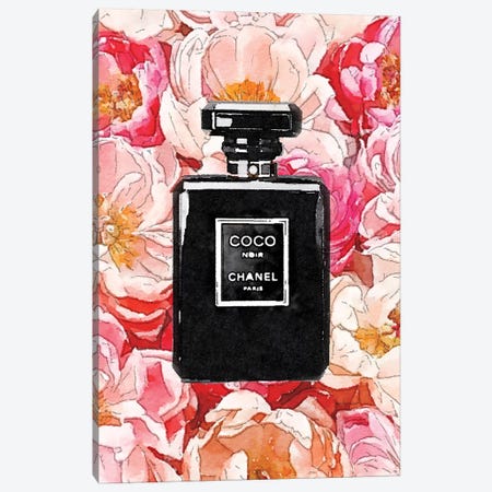 Black Perfume Bottle On A Bed Of Peonies Canvas Print #GRE405} by Amanda Greenwood Canvas Artwork