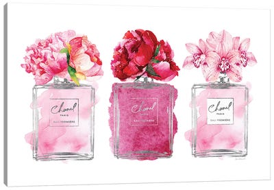 Perfume Trio In Silver And Pink Canvas Art Print - Amanda Greenwood