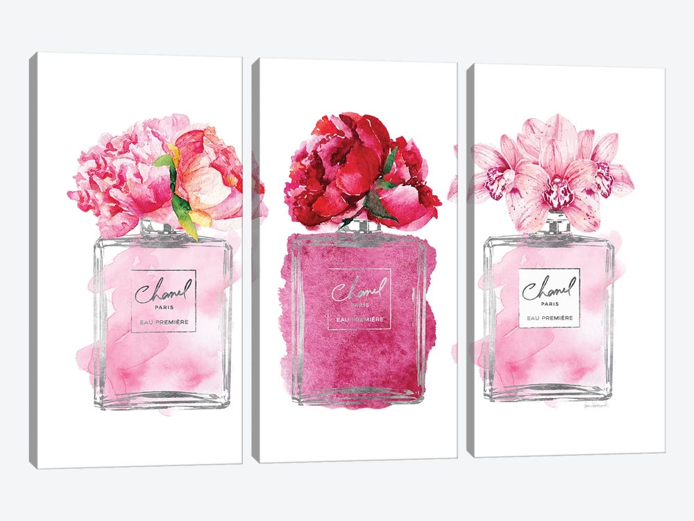 Perfume Trio In Silver And Pink by Amanda Greenwood 3-piece Canvas Art