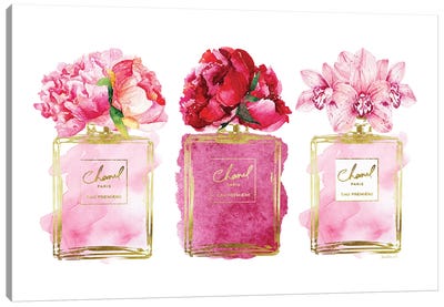 Perfume Trio In Gold And Pink Canvas Art Print - Amanda Greenwood