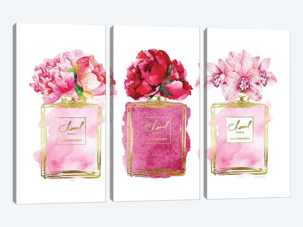 Perfume Trio In Gold And Pink by Amanda Greenwood 3-piece Canvas Print
