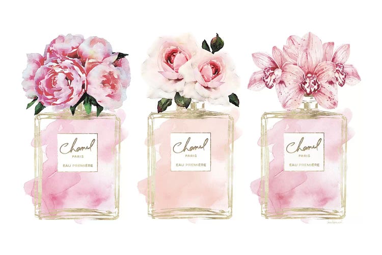 Amanda Greenwood Canvas Art Prints - Perfume Trio in Champagne & Blush ( Fashion > Hair & Beauty > Perfume Bottles art) - 40x60 in