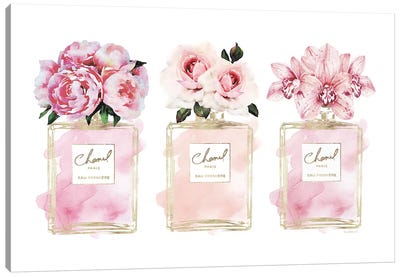 Perfume Trio In Champagne & Blush Canvas Art Print - Perfume Bottle Art