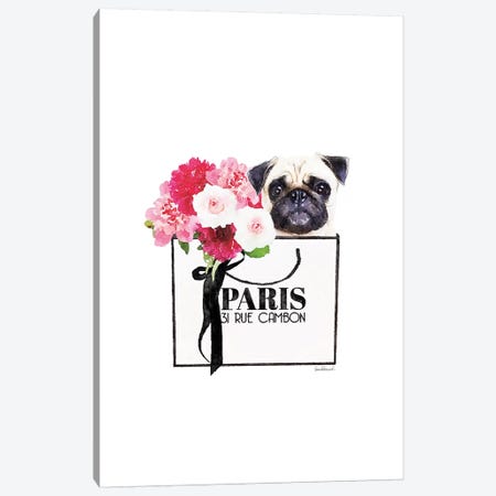 White Shopper, Flowers, And Pug Canvas Print #GRE412} by Amanda Greenwood Canvas Artwork