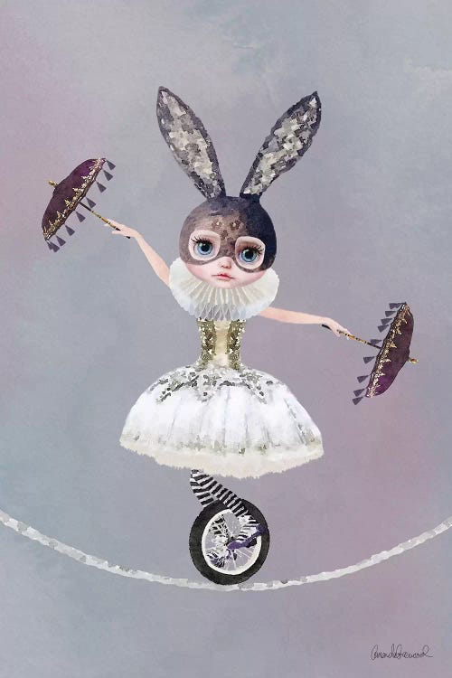 Miss Lily Rabbit Riding A Unicycle On A Tightrope At The Circus by Amanda Greenwood wall art