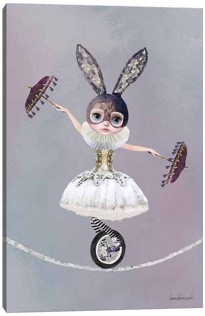 Miss Lily Rabbit Riding A Unicycle On A Tightrope At The Circus Canvas Art Print - Circus Art