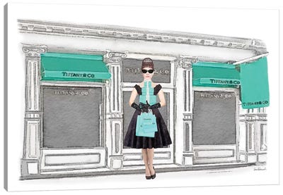 Shop Front, Teal, With Shopping Audrey Canvas Art Print - Breakfast at Tiffany's
