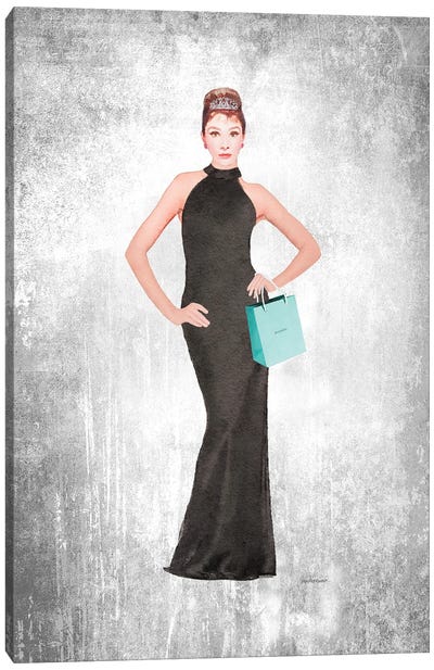 Audrey Black Evening Gown, Teal Bag, Grunge Background Canvas Art Print - Tiffany & Co. Art