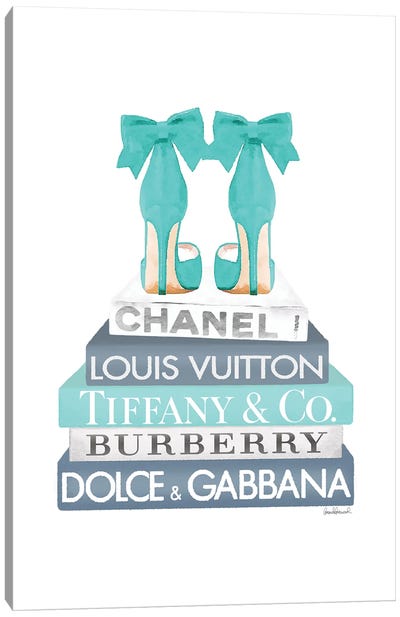 Blue And Teal Fashion Books With Bow Shoes Canvas Art Print - High Heel Art