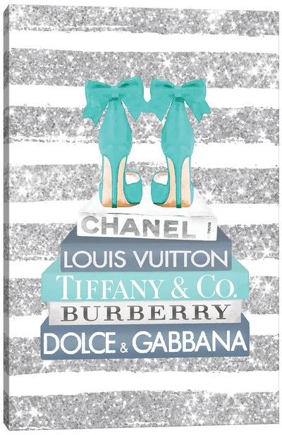 Blue And Teal Fashion Books With Bow Shoes Glitter Stripe Canvas Art Print - Reading & Literature