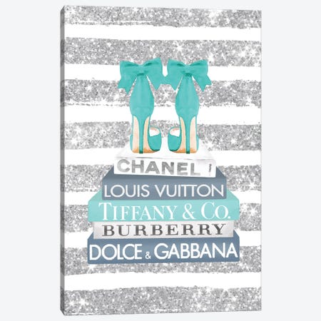 Blue And Teal Fashion Books With Bow Shoes Glitter Stripe Canvas Print #GRE433} by Amanda Greenwood Canvas Artwork