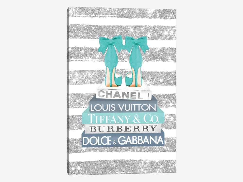 Blue And Teal Fashion Books With Bow Shoes Glitter Stripe by Amanda Greenwood 1-piece Canvas Art