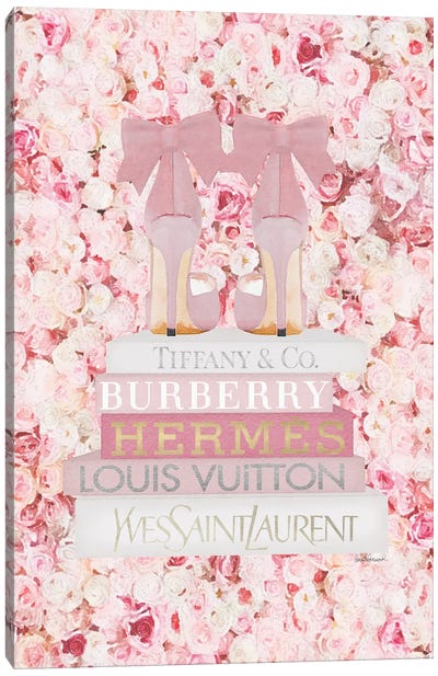 Blush Fashion Books On Peach Flower Wall Canvas Art Print - High Heel Art
