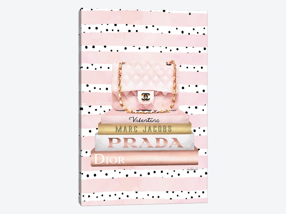 Books Medium Blush With Quilted Bag. Pink Stripes Black Dots by Amanda Greenwood 1-piece Canvas Artwork