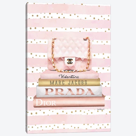 Books Medium Blush With Quilted Bag. Pink Stripes Gold Dots Canvas Print #GRE438} by Amanda Greenwood Canvas Art