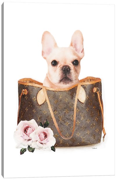 Brown Shoulder Bag With Cream Frenchie Canvas Art Print - Peony Art