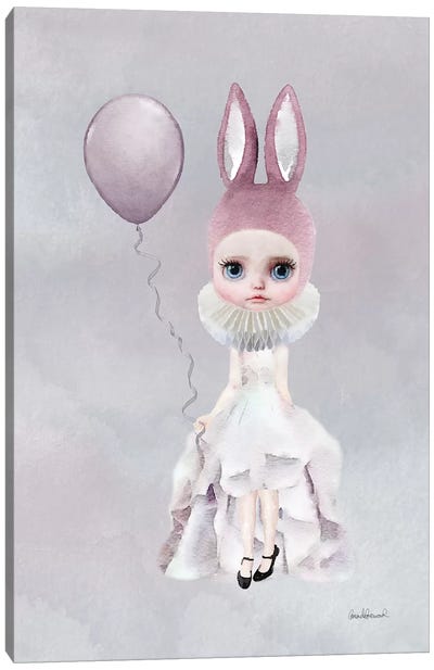 Miss Lily Rabbit With A Balloon Canvas Art Print - Gray & Purple Art