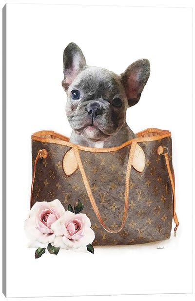 Brown Shoulder Bag With Grey Frenchie Canvas Art Print - French Bulldog Art
