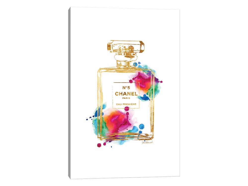 Amanda Greenwood Canvas Wall Decor Prints - Gold Perfume with Rainbow Water-Colour ( Fashion > Hair & Beauty > Perfume Bottles art) - 40x26 in