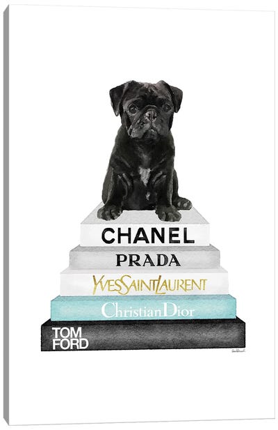 Grey & Teal Fashion Books With Black Pug Canvas Art Print - Pug Art