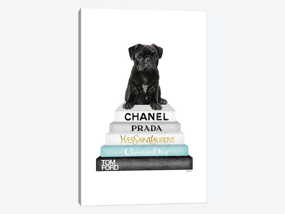 Grey & Teal Fashion Books With Black Pug by Amanda Greenwood 1-piece Art Print