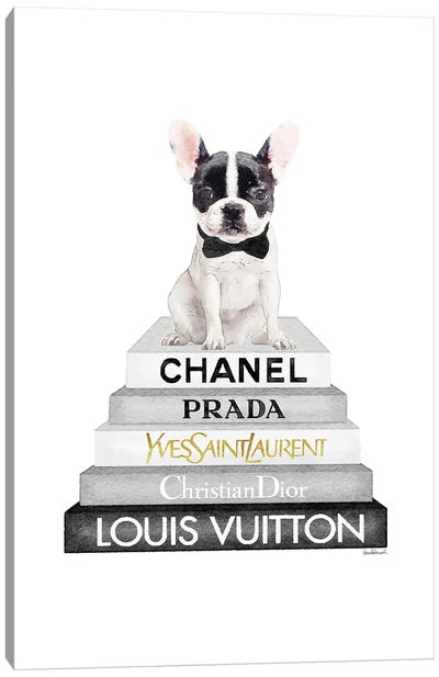 Grey Fashion Books With B&W French Canvas Art Print - French Bulldog Art