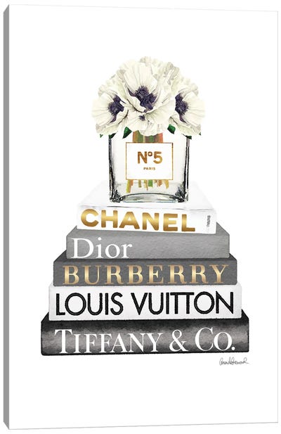 Grey Fashion Books With White Poppies Canvas Art Print - Chanel Art