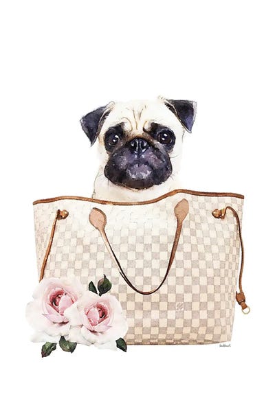 Amanda Greenwood: Grey/Tan Shoulder Bag With Cream Pug by Amanda Greenwood