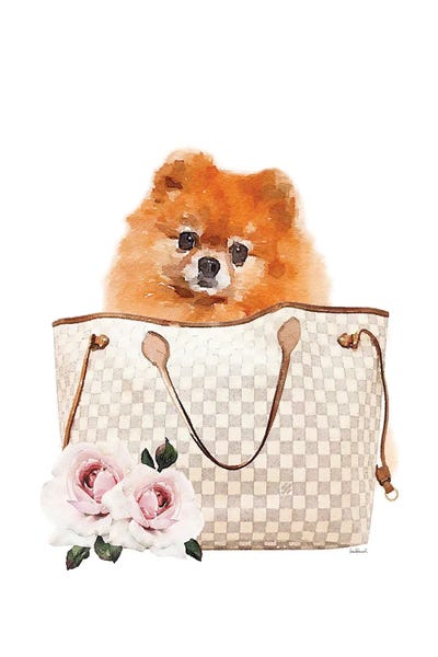 Amanda Greenwood: Grey/Tan Shoulder Bag With Pomeranian by Amanda Greenwood