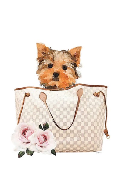 Amanda Greenwood: Grey/Tan Shoulder Bag With Yorkie by Amanda Greenwood