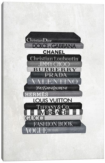 High Fashion Book Stack Black & White Canvas Art Print - Vogue