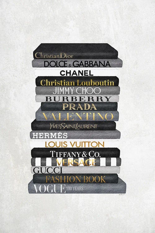 High Fashion Book Stack Black & White, Gold Font by Amanda Greenwood wall art