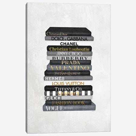 High Fashion Book Stack Black & White, Gold Font Canvas Print #GRE465} by Amanda Greenwood Canvas Wall Art