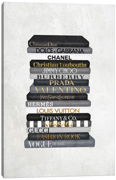 High Fashion Book Stack Black & White, Gold Font Canvas Art Print - Vogue Art