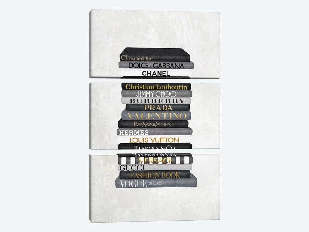 High Fashion Book Stack Black & White, Gold Font by Amanda Greenwood 3-piece Canvas Print