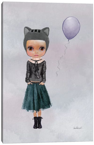 Miss Lola Cat With A Balloon Canvas Art Print - Gray & Purple Art