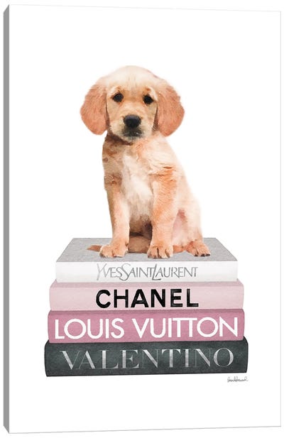 Medium Books Pink Tone, Labrador Puppy Canvas Art Print - Book Art