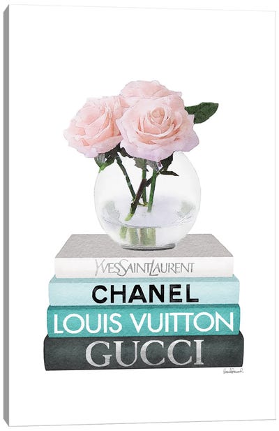 Medium Books Teal Tone, Rose In Round Vase Canvas Art Print - Gucci Art