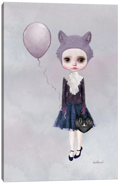 Miss Sophia Wolf With A Balloon Canvas Art Print - Gray & Purple Art