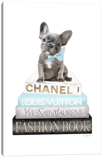 New Books Grey Blue With Grey Frenchie Side Bow Canvas Art Print - Louis Vuitton Art